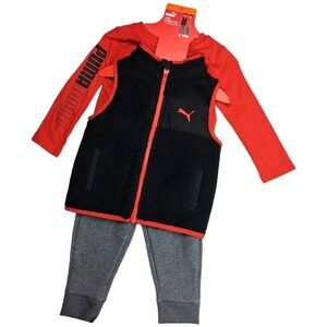 Puma Boys 2T Anti Piling Vest 3pc Outfit Set Pants Long Sleeve Shirt Red Black